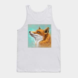 Painting of a Red Fox Looking to the Left with Turquoise Background Tank Top